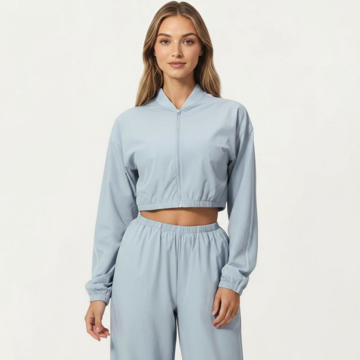 Cropped Zip Front Jacket with Elastic Hem and Long Sleeves