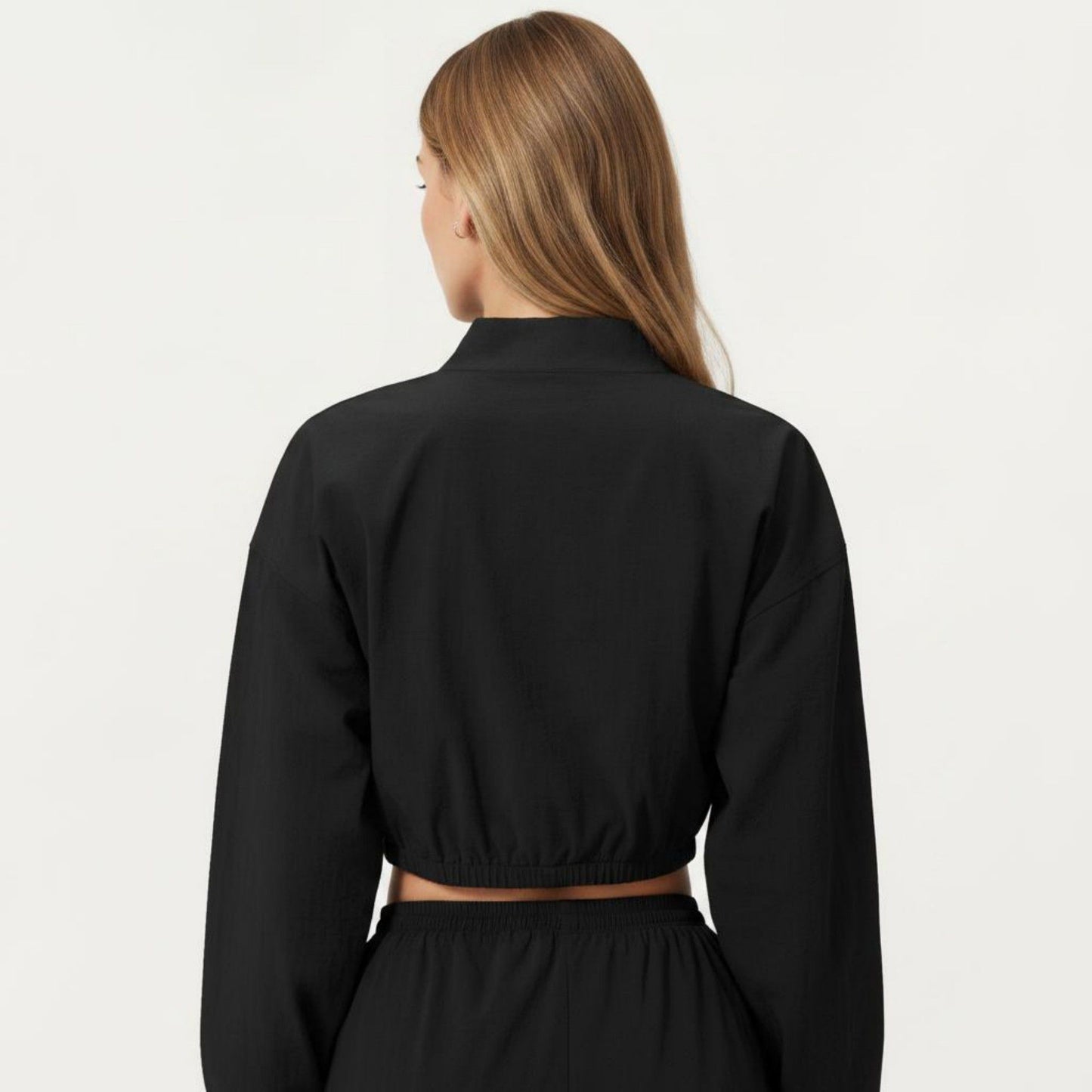 Cropped Zip Front Jacket with Elastic Hem and Long Sleeves