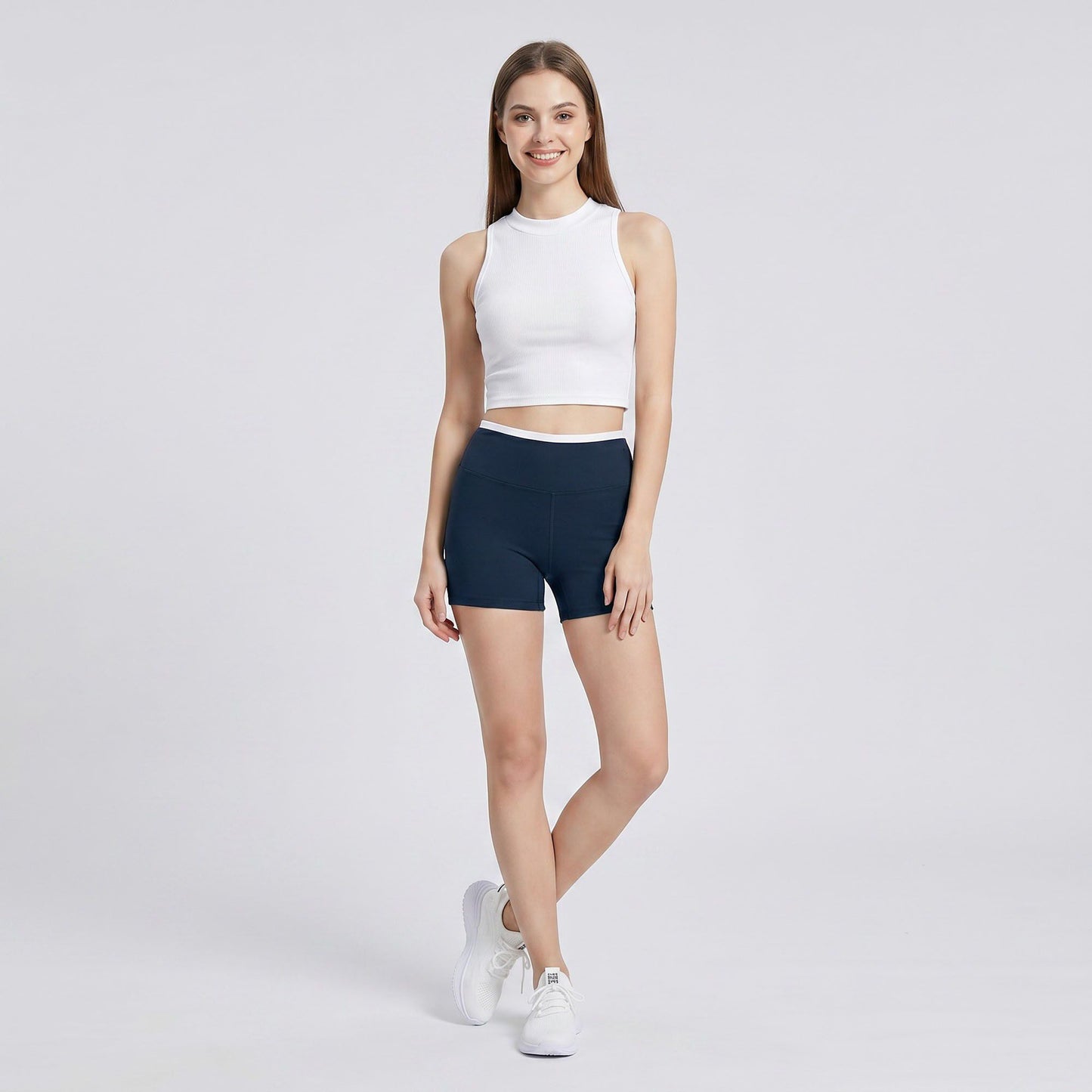 High Waist Biker Shorts with Wide Waistband Mid Thigh Length Smooth Stretch Fit and Pull On Activewear Design