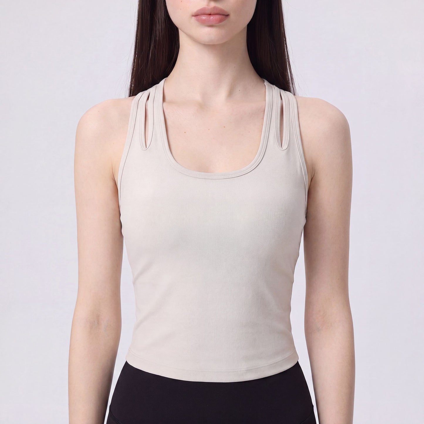 Sleeveless Yoga Tank Top with Built In Padding Scoop Neck Cutout Strap Detail and Fitted Activewear Silhouette