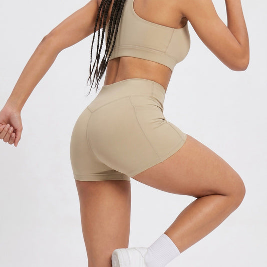 High Waist Crossover Waistband Pocket Workout Biker Shorts