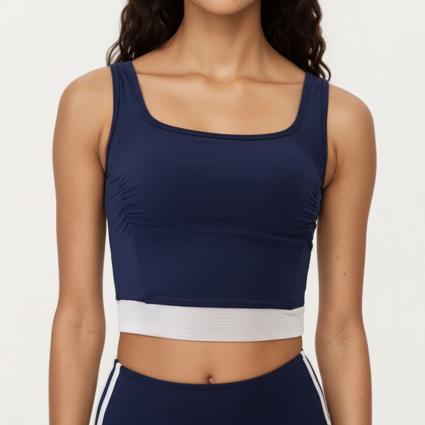 Square Neck Cropped Active Tank Top with Contrast Elastic Hem