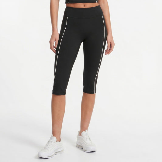 High Waist Side Stripe Capri Leggings Wide Waistband Cropped Workout Yoga Pants