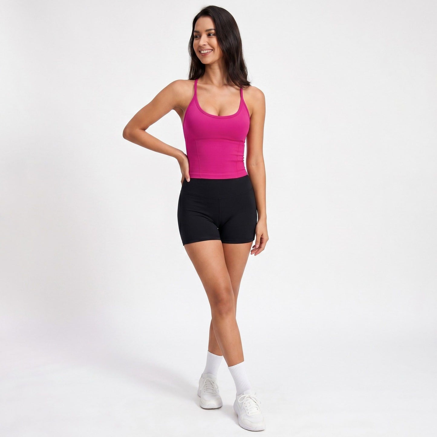Padded Crisscross Back Longline Sports Bra Tank Top Scoop Neck Workout Yoga Crop Top