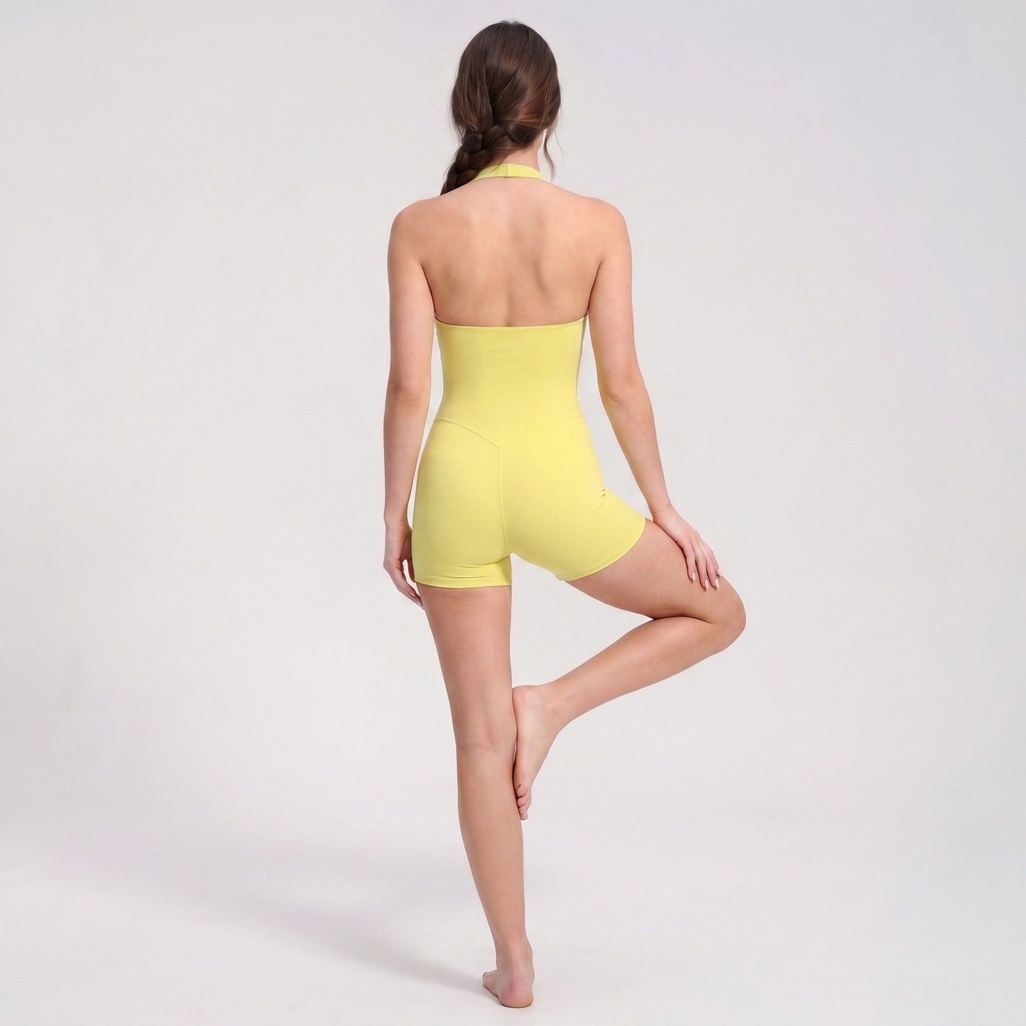 Halter Neck Active Romper Sleeveless Open Back Workout Yoga One Piece Shorts Jumpsuit