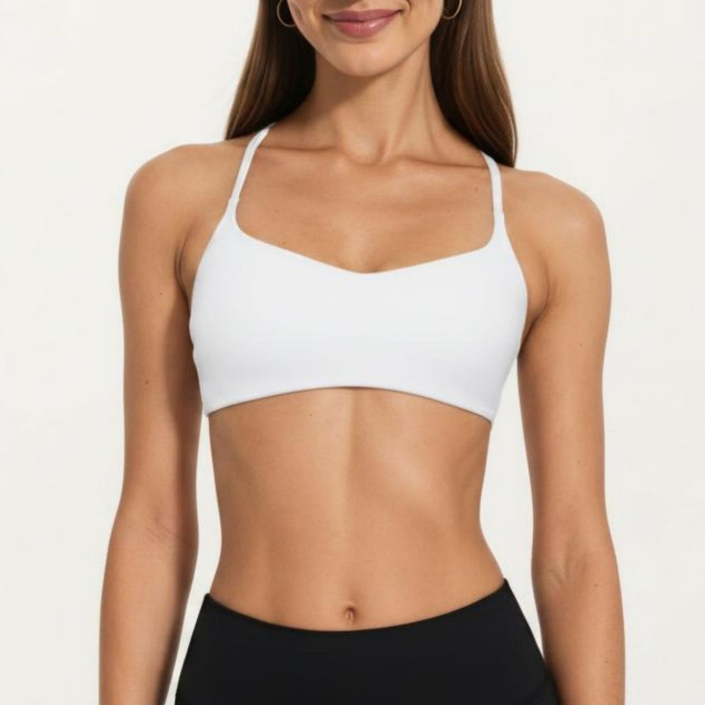 Strappy Sports Bra with Adjustable Cross Back and Scoop Neck Front