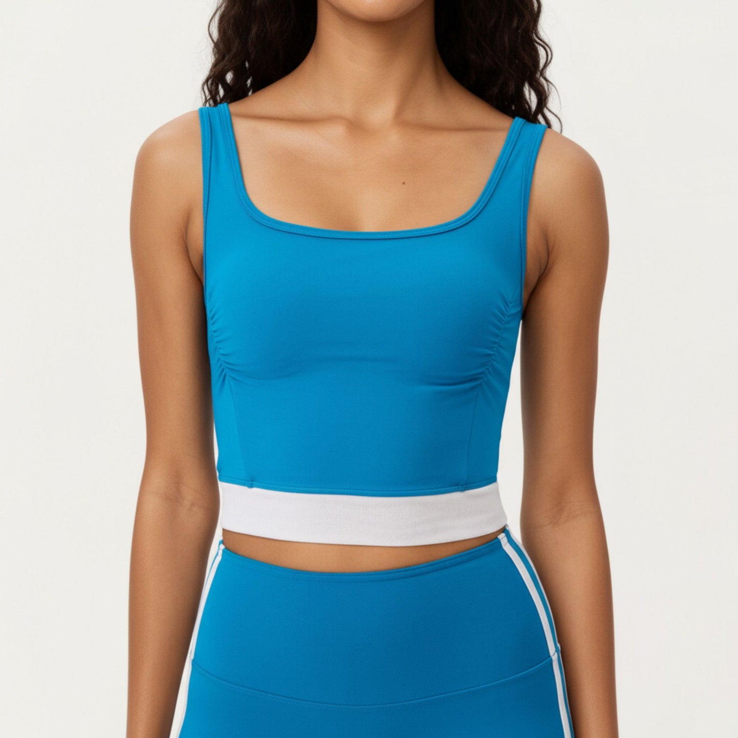 Square Neck Cropped Active Tank Top with Contrast Elastic Hem