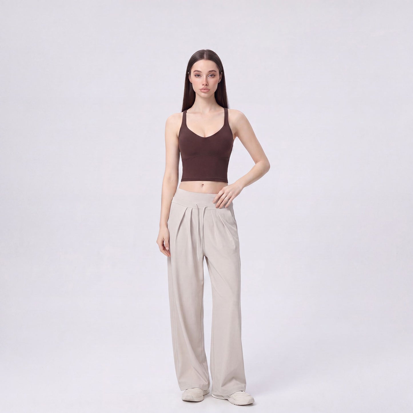 Cropped Yoga Tank Top with Built In Padding Scoop Neck Wide Strap Fitted Activewear Top