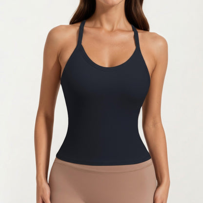 Fitted Strappy Back Tank Top with Scoop Neck and Cross Back Design