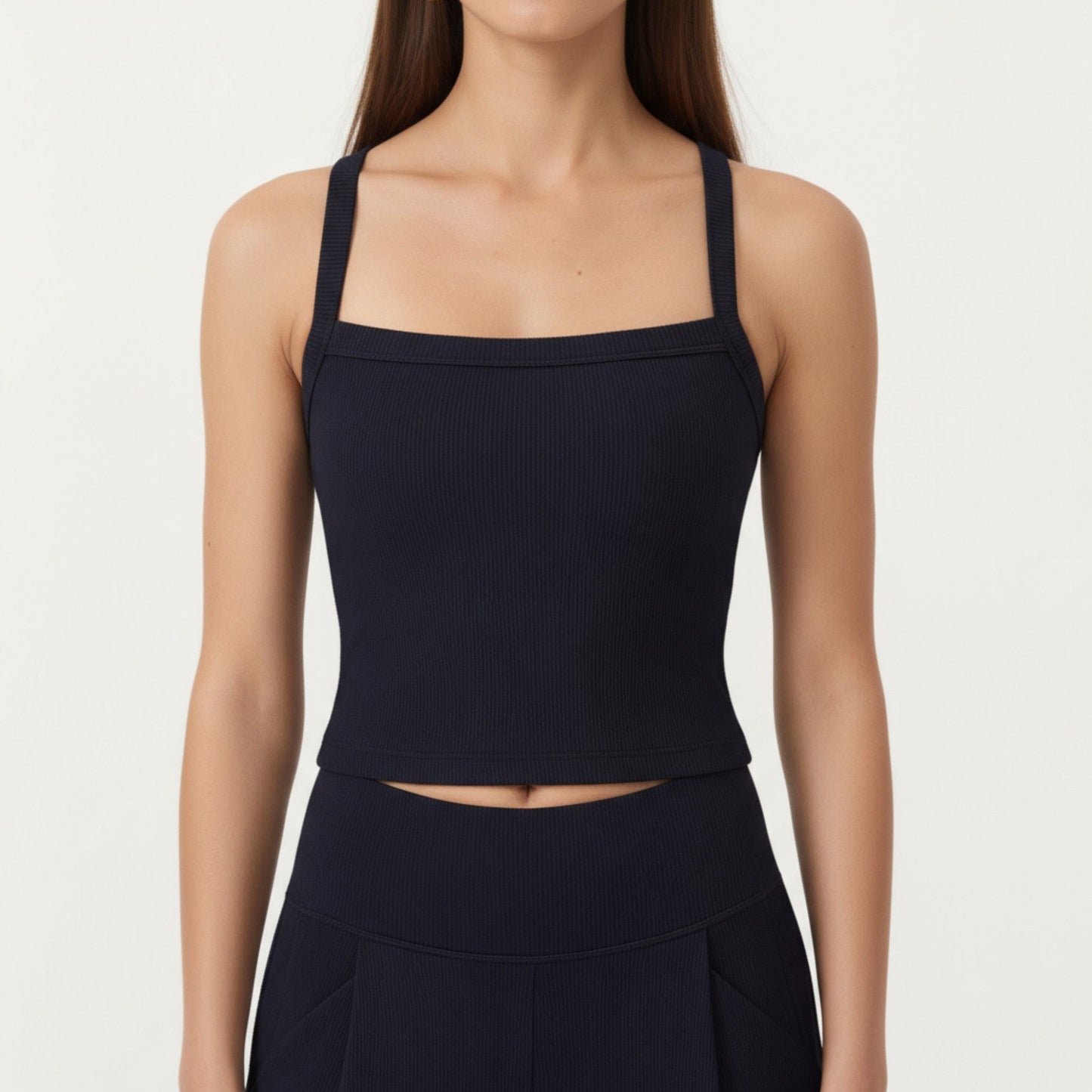 Square Neck Ribbed Knit Cropped Tank Top with Wide Shoulder Straps