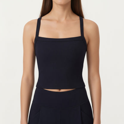 Square Neck Ribbed Knit Cropped Tank Top with Wide Shoulder Straps