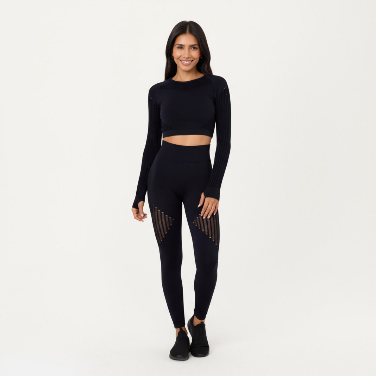 Long Sleeve Seamless Crop Top with Ribbed Texture and Contour Panels