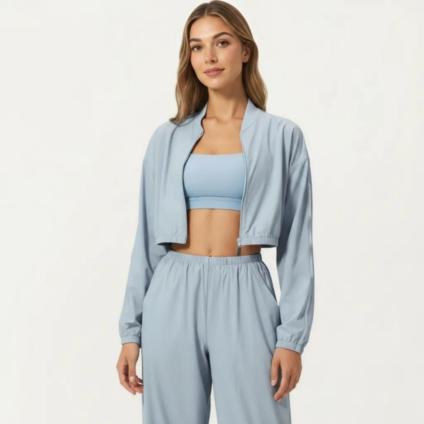 Cropped Zip Front Jacket with Elastic Hem and Long Sleeves