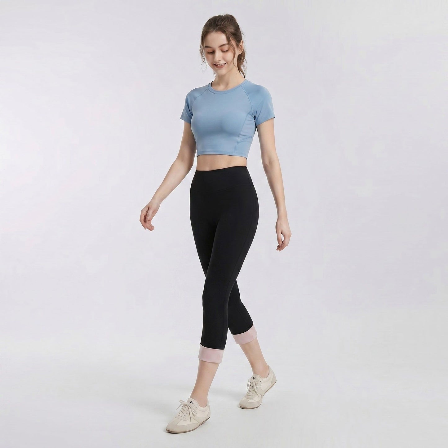 High Waist Capri Leggings with Folded Cuff Hem Wide Waistband Smooth Stretch Yoga Pants