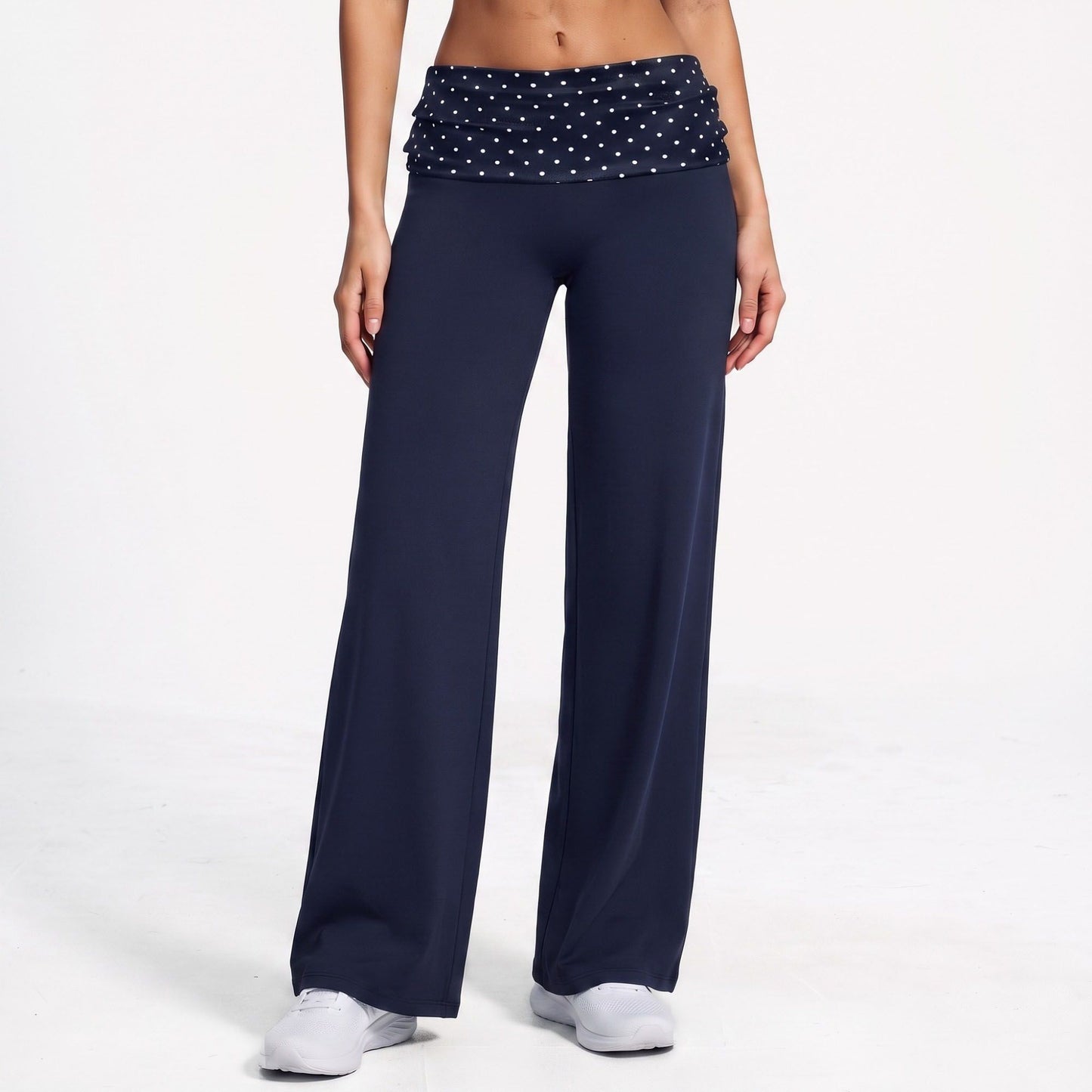 Polka Dot Foldover Waist Wide Leg Yoga Pants Full Length Flowy Workout Trousers