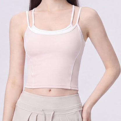 Contrast Trim Double Strap Cropped Cami Tank Top with Fitted Light Support Activewear Design