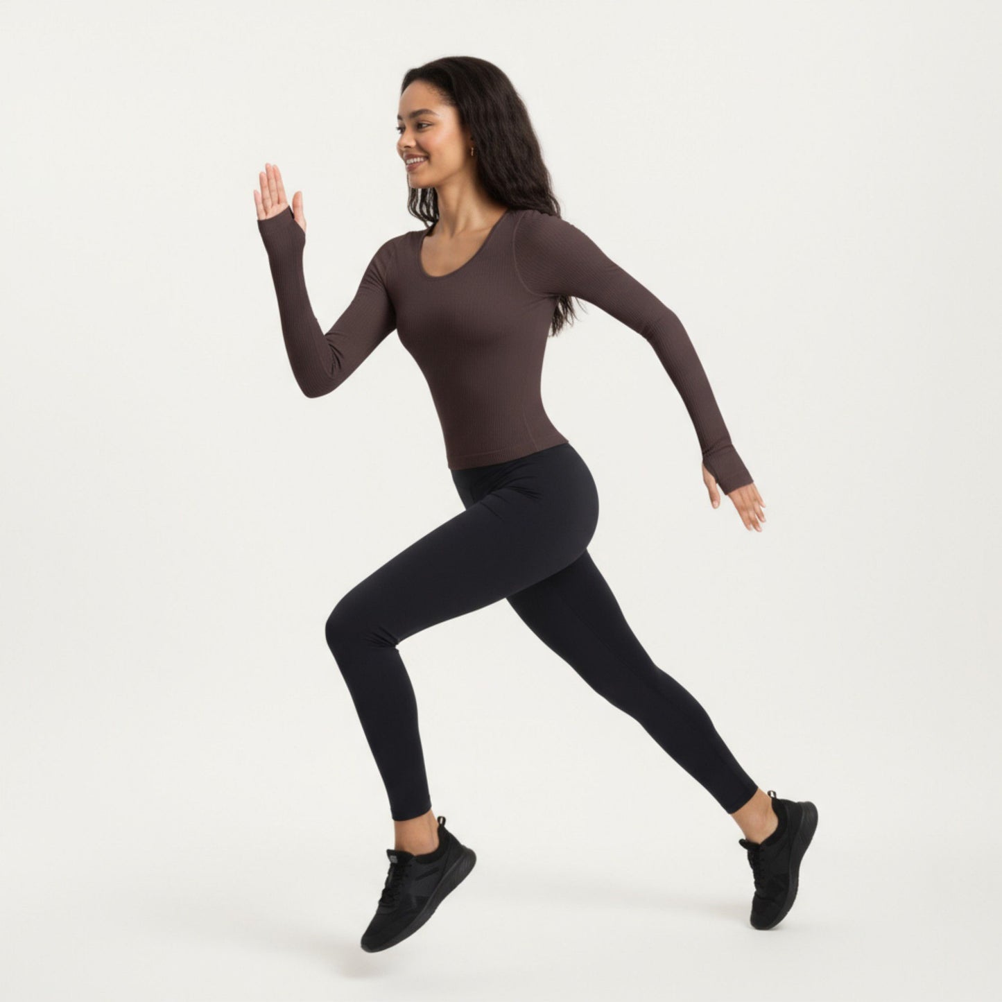 Ribbed Long Sleeve Fitted Top with Crew Neck and Thumbhole Cuffs