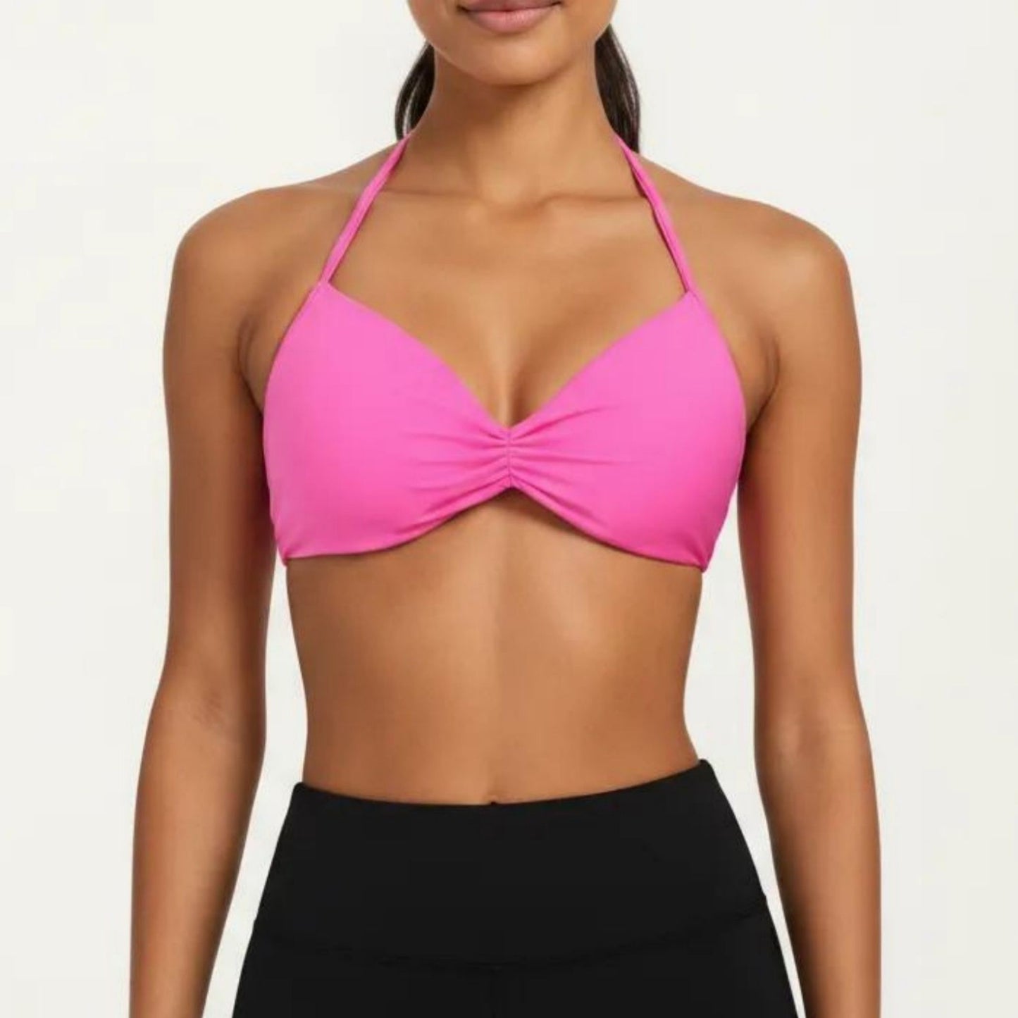 Halter Sports Bra with Ruched Front Detail and Open Back Design