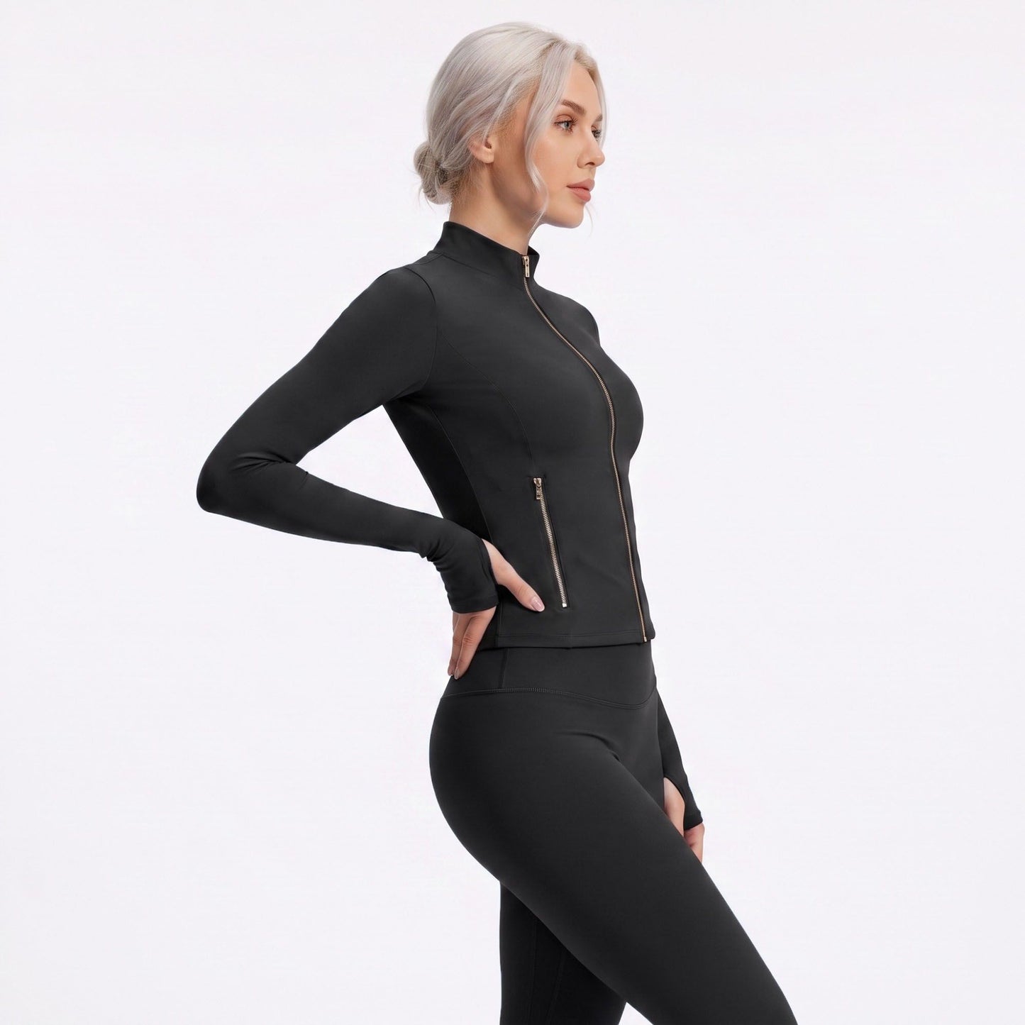 Full Zip Workout Jacket with Thumbholes and Zipper Pockets