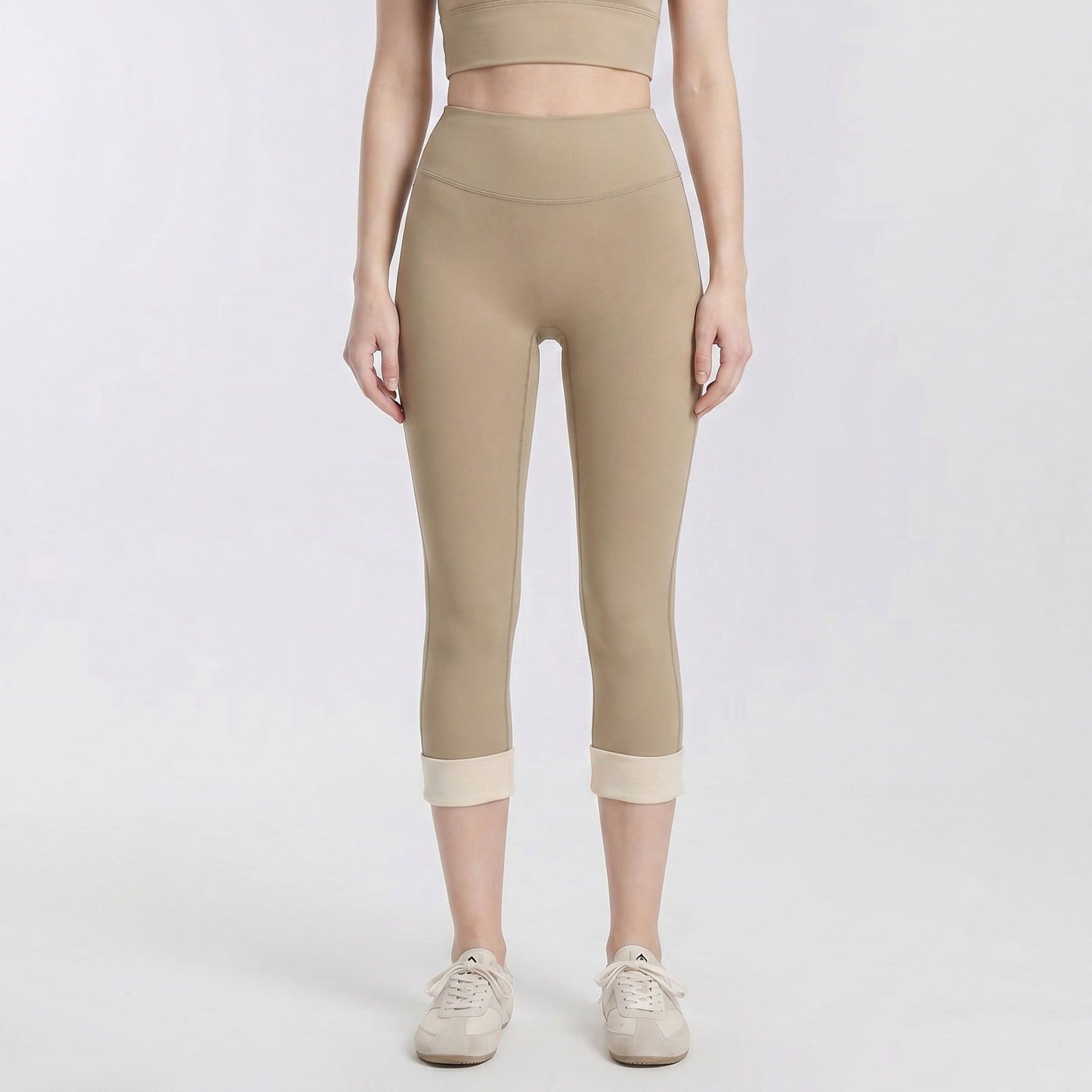 High Waist Capri Leggings with Folded Cuff Hem Wide Waistband Smooth Stretch Yoga Pants