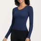 Ribbed Long Sleeve Fitted Top with Crew Neck and Thumbhole Cuffs