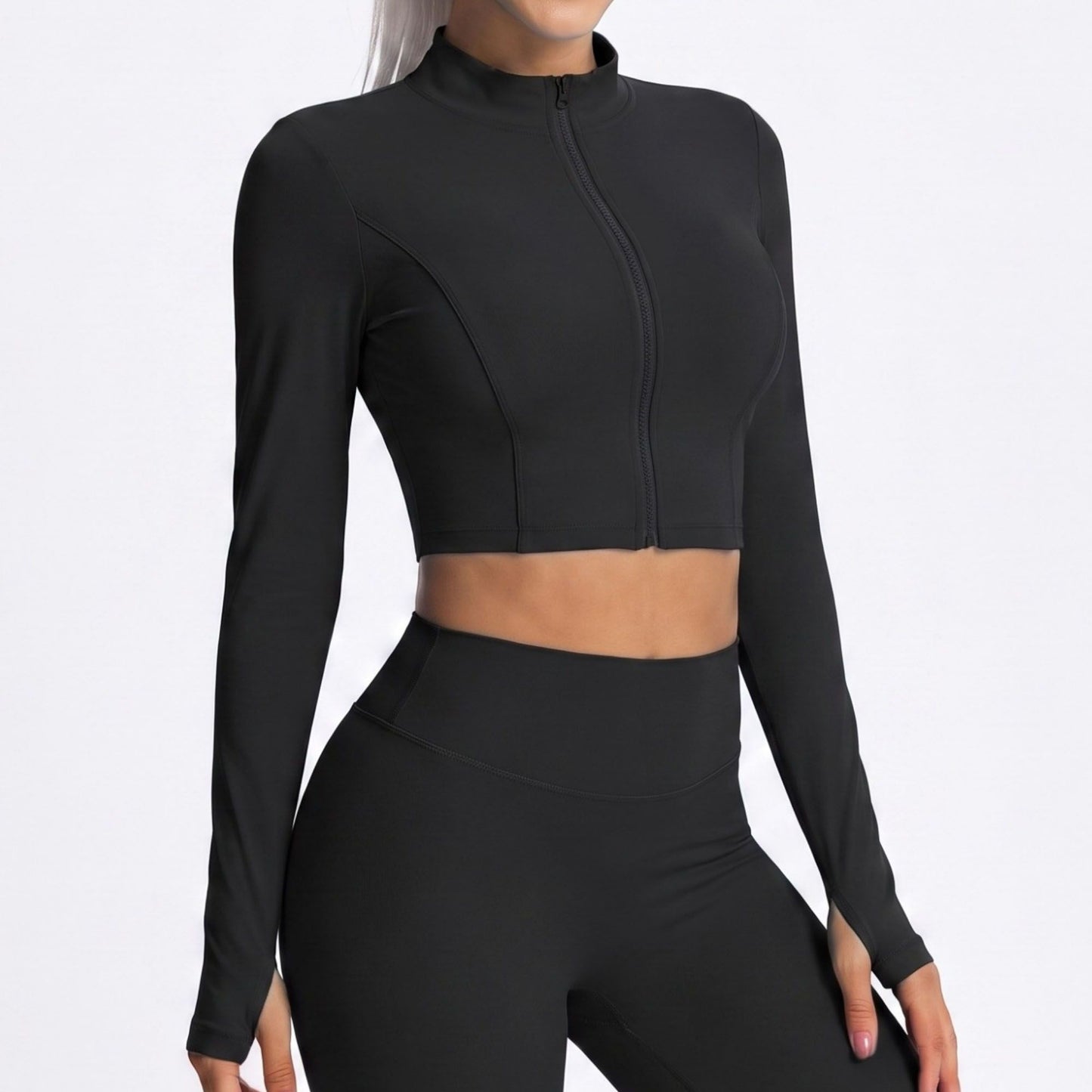 Cropped Full Zip Workout Jacket with Thumbholes