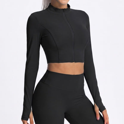 Cropped Full Zip Workout Jacket with Thumbholes