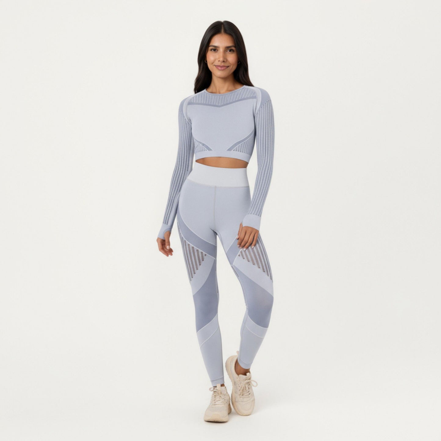 Long Sleeve Seamless Crop Top with Ribbed Texture and Contour Panels