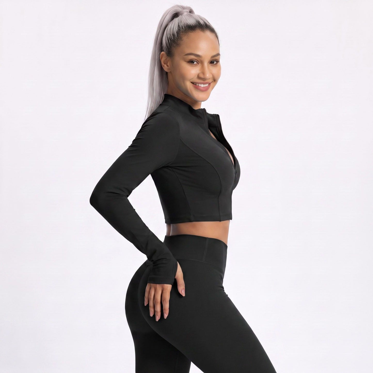 Cropped Full Zip Workout Jacket with Thumbholes