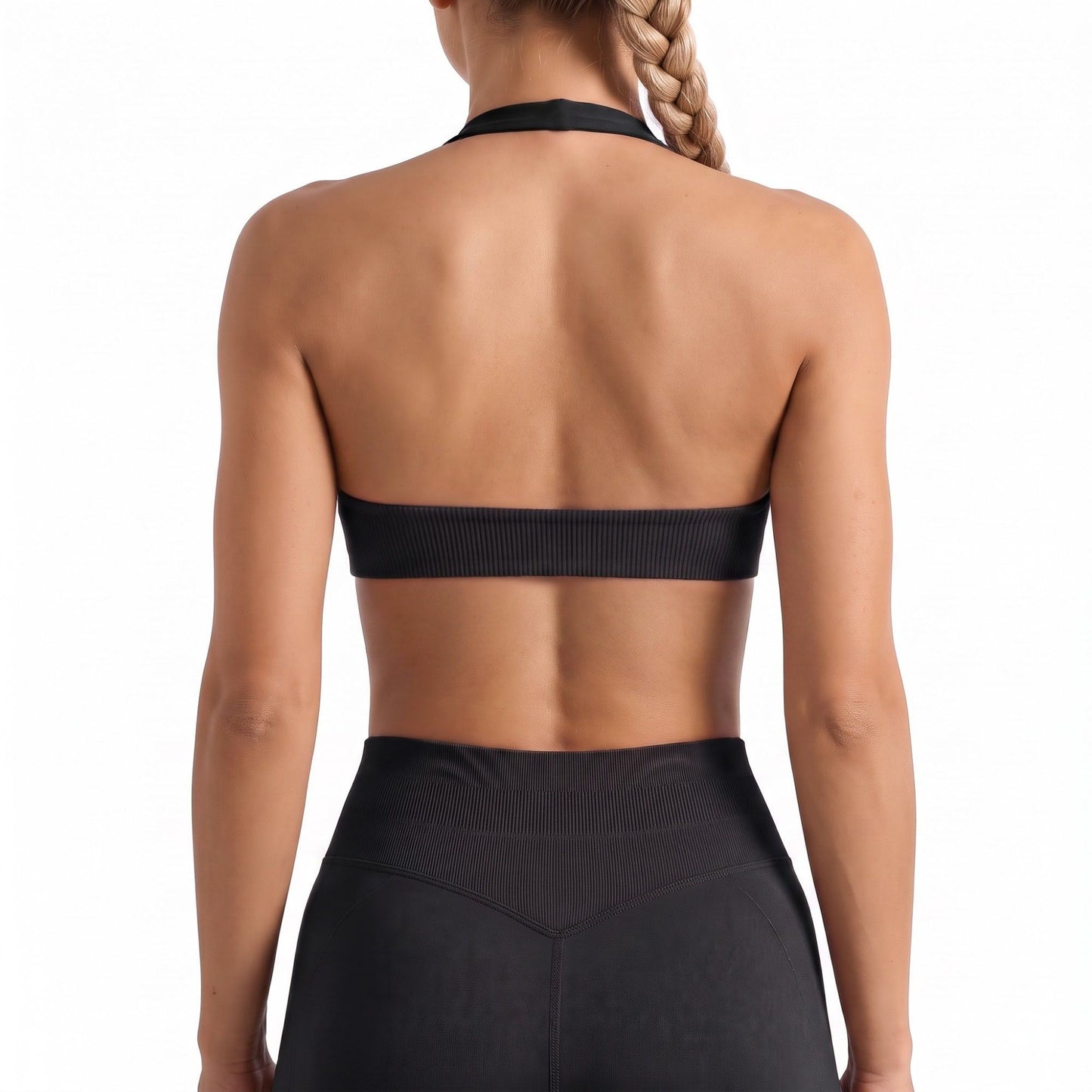 Seamless Halter Sports Bra with Ribbed Underband Open Back Workout Top for Athleisure
