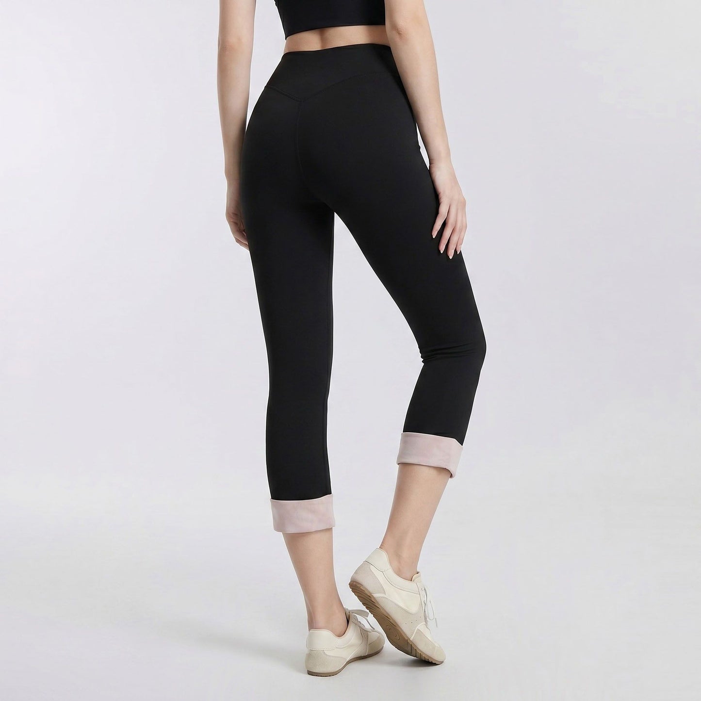High Waist Capri Leggings with Folded Cuff Hem Wide Waistband Smooth Stretch Yoga Pants