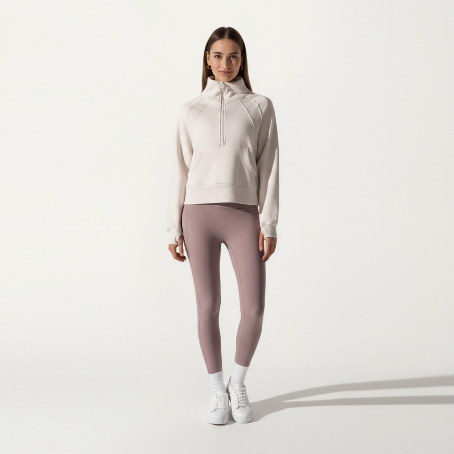 Long Sleeve Half Zip Pullover Sweatshirt with High Collar and Kangaroo Pocket Design