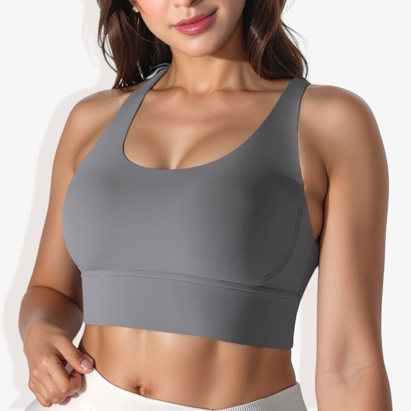 Scoop Neck Stretchy Cropped Banded Criss Cross Back Sports Bra