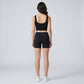 High Waist Biker Shorts with Wide Waistband Mid Thigh Length Smooth Stretch Fit and Pull On Activewear Design