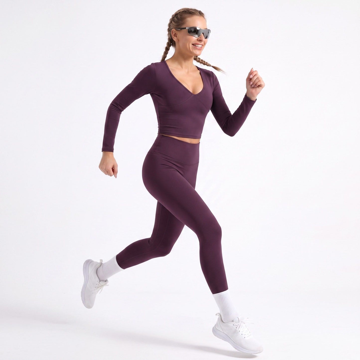 V Neck Long Sleeve Workout Crop Top Fitted Active Shirt