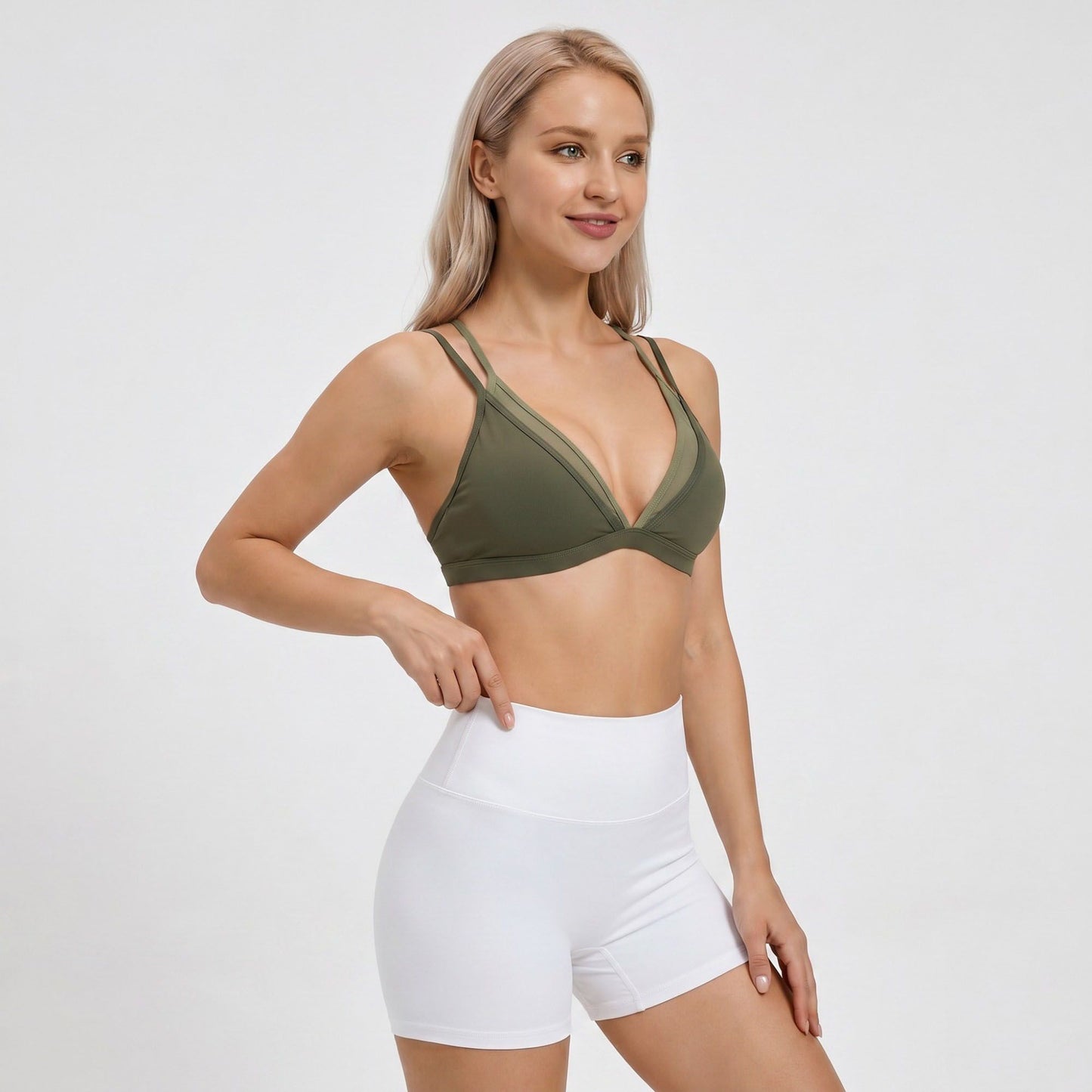 Padded Double Strap V Neck Sports Bra Tank Top Contrast Trim Workout Yoga Crop Top