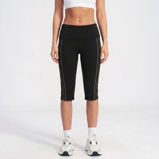 High Waist Side Stripe Capri Leggings Wide Waistband Cropped Workout Yoga Pants