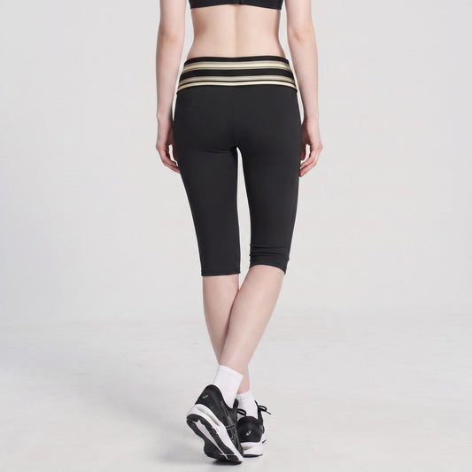 Striped Foldover Waist Capri Leggings Fitted Cropped Yoga Pants for Workouts and Athleisure