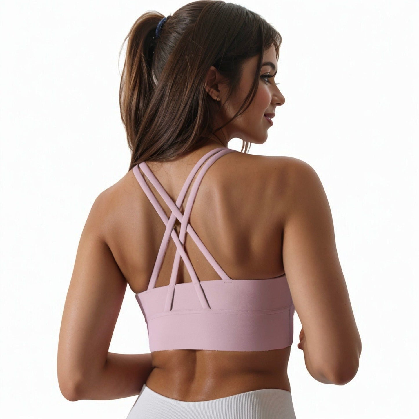 Scoop Neck Stretchy Cropped Banded Criss Cross Back Sports Bra