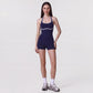 Sleeveless Active Romper with Built In Bra Halter Neck Contrast Trim and Fitted Shorts