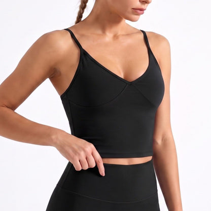 V Neck Longline Sports Bra Adjustable Strap Workout Crop Top