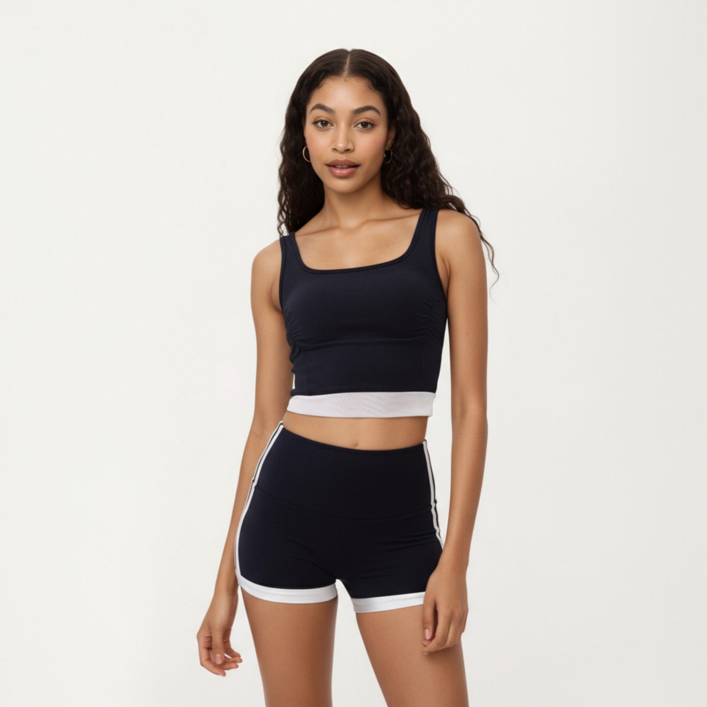 Square Neck Cropped Active Tank Top with Contrast Elastic Hem