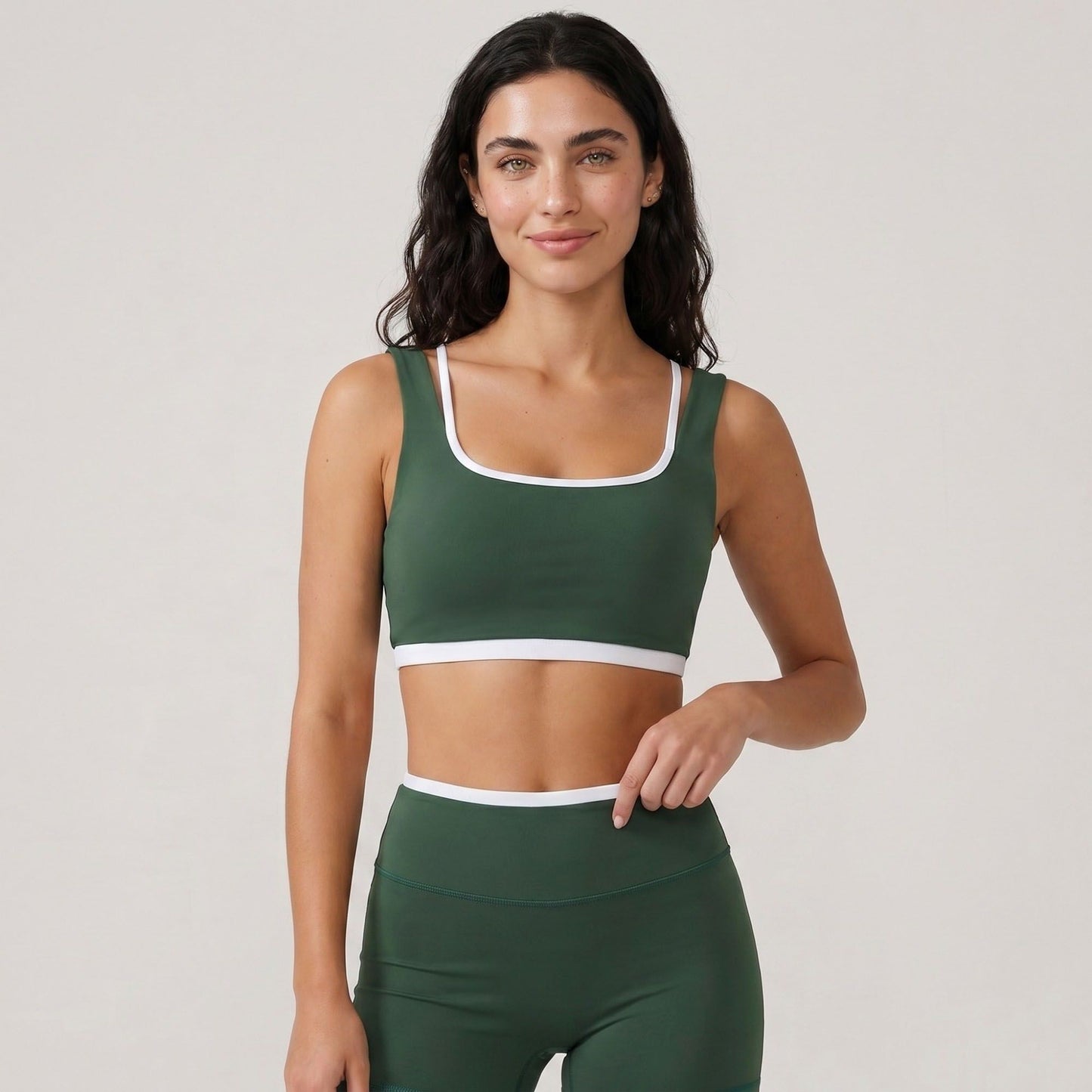 Padded Contrast Trim Sports Bra Tank Top Square Neck Workout Yoga Crop Top