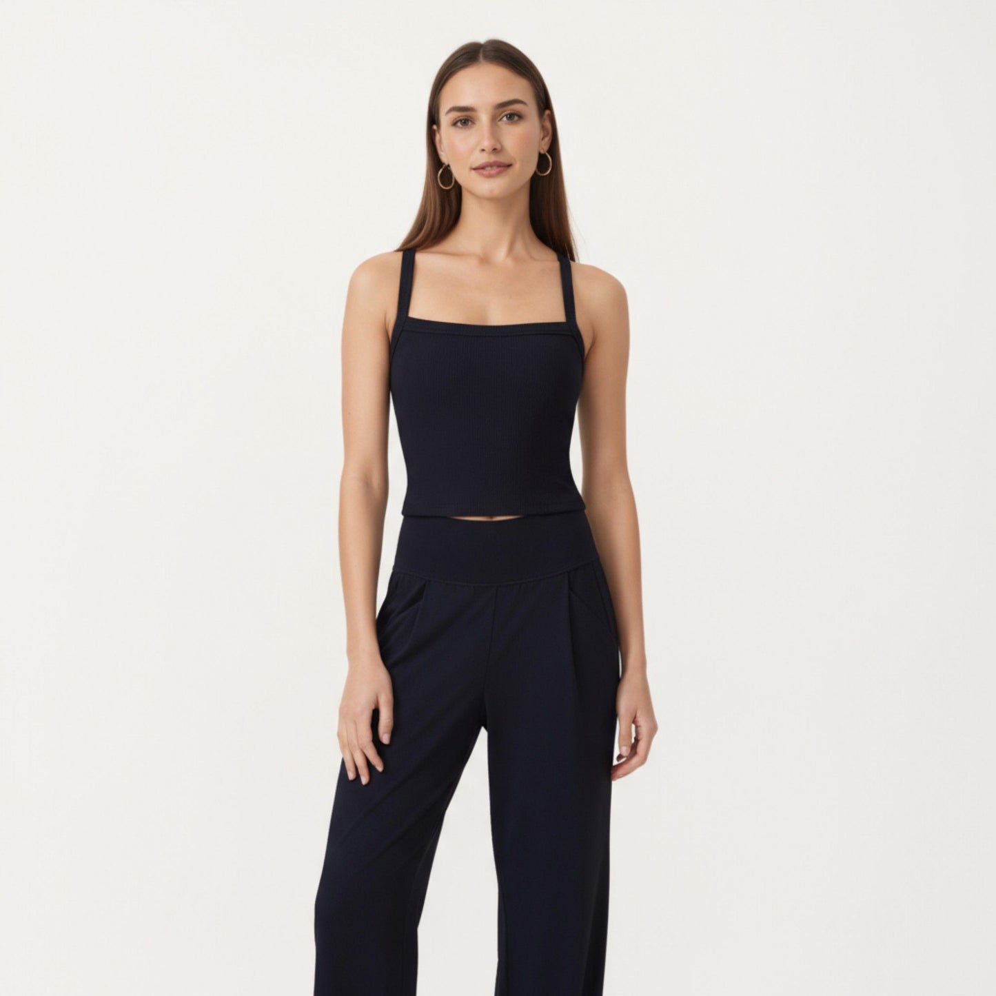 Square Neck Ribbed Knit Cropped Tank Top with Wide Shoulder Straps