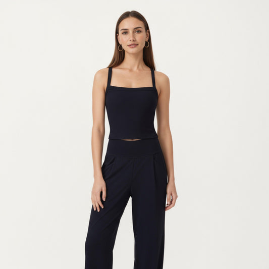 Square Neck Ribbed Knit Cropped Tank Top with Wide Shoulder Straps