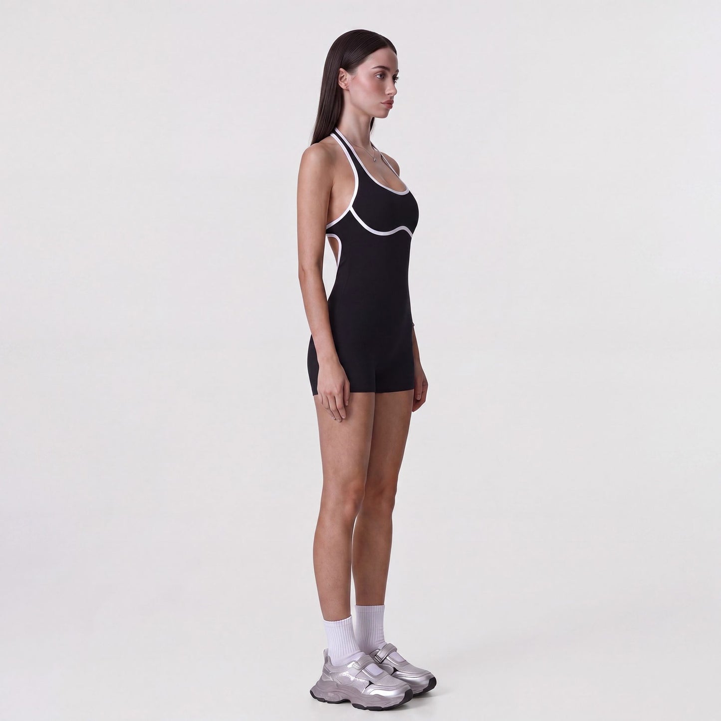 Sleeveless Active Romper with Built In Bra Halter Neck Contrast Trim and Fitted Shorts