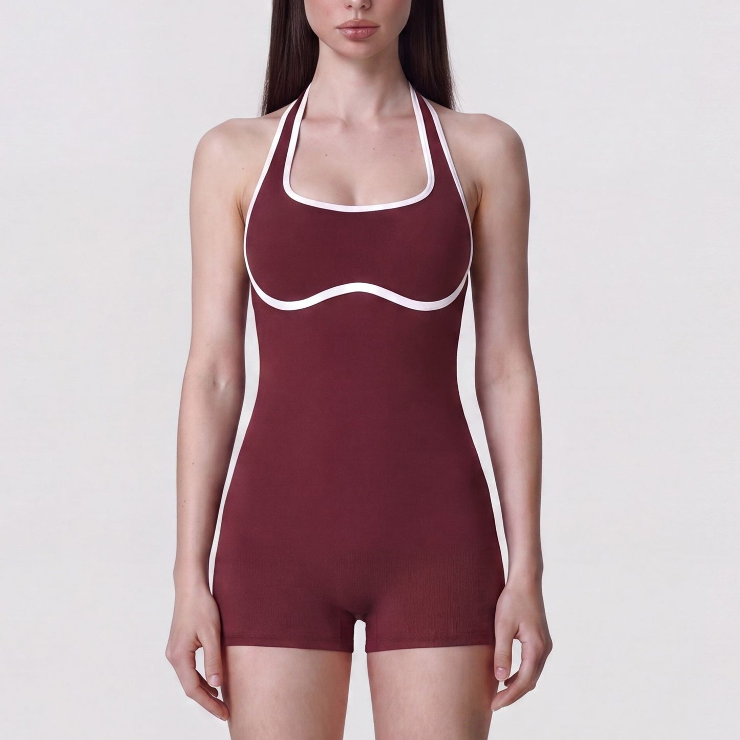 Sleeveless Active Romper with Built In Bra Halter Neck Contrast Trim and Fitted Shorts
