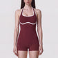 Sleeveless Active Romper with Built In Bra Halter Neck Contrast Trim and Fitted Shorts