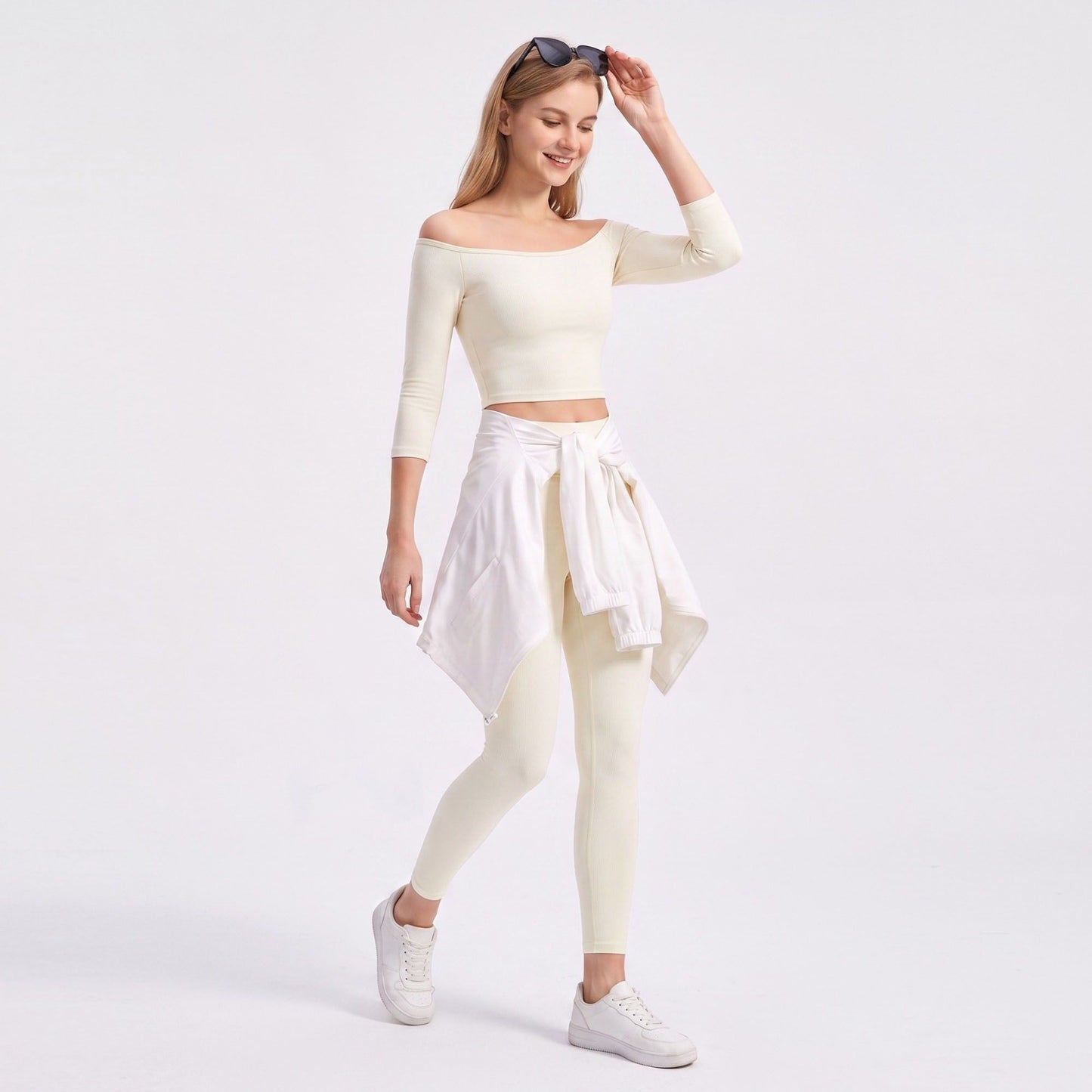 Off Shoulder 3/4 Sleeve Crop Workout Top