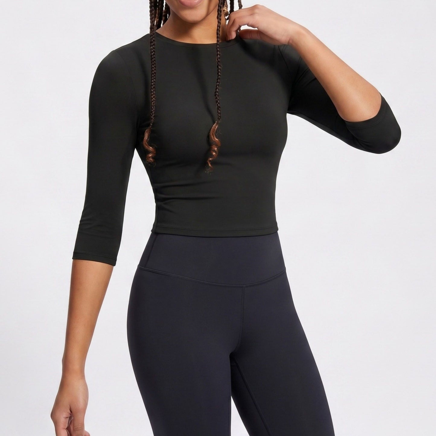 Elbow Sleeve Workout Top Crew Neck Fitted Crop Yoga Activewear Shirt